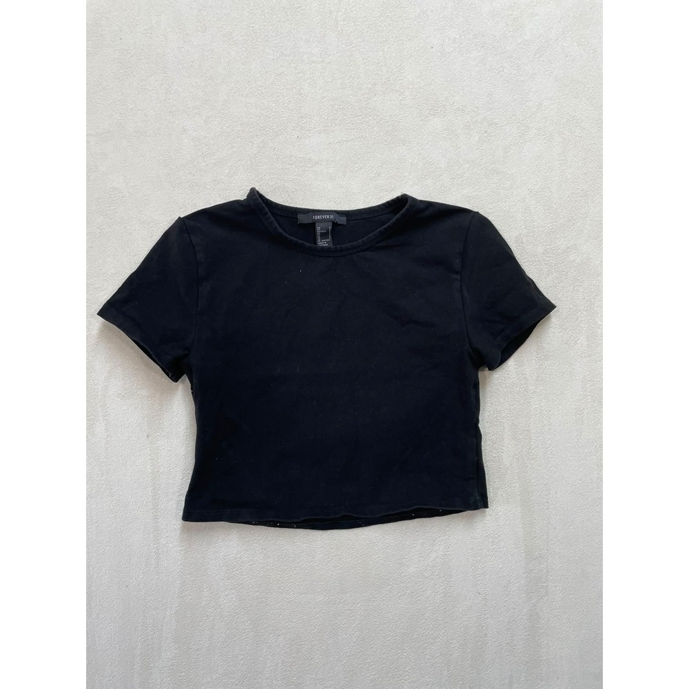 Forever 21 Women Black Short Sleeve Crew Neck Crop Top Y2K Size S